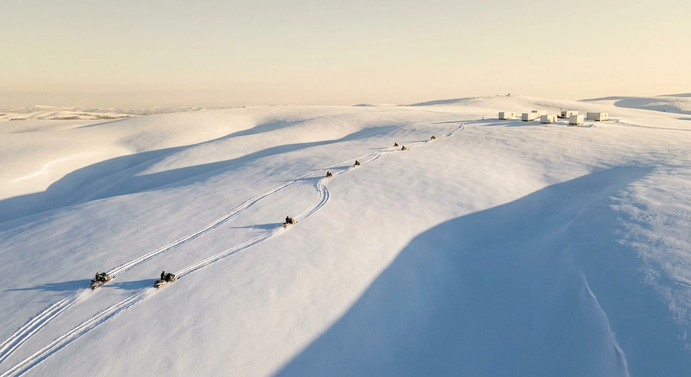 ドローン空撮 — スノーモービルと広大な雪原
